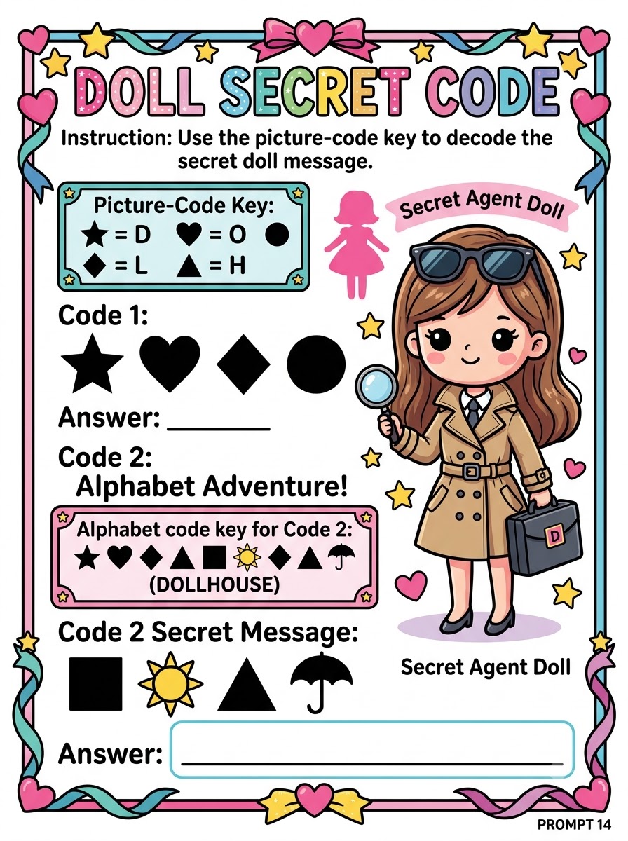Doll Secret Code — picture code decoding activity with secret agent doll illustration
